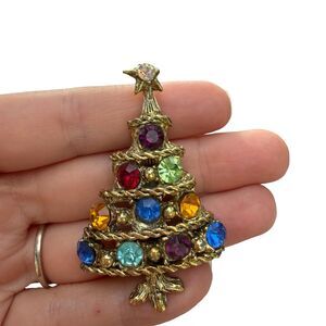 Vintage Jewelry Rhinestone Colorful Christmas Tree Brooch Tree Pin